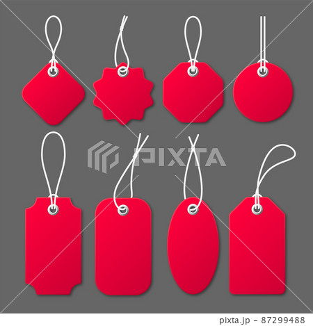 Realistic red price tags with white string on gray background. Special offer or shopping discount Realistic red price tags with white string on gray background. Special offer or shopping discount 87299488