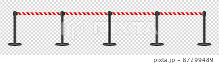 Realistic retractable belt stanchion on transparent background. Crowd control barrier posts with 87299489