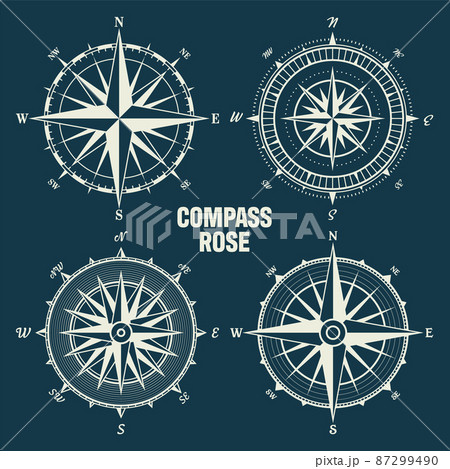 Vintage marine wind rose, nautical chart. Monochrome navigational compass with cardinal directions Vintage marine wind rose, nautical chart. Monochrome navigational compass with cardinal directions 87299490