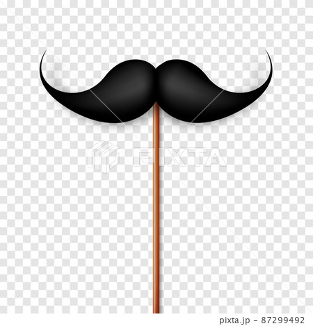 Realistic black mustache on a wooden stick. Fake paper mustache isolated on white background Realistic black mustache on a wooden stick. Fake paper mustache isolated on white background 87299492