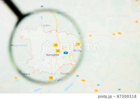 Kempten city in Germany, Bavaria visualization illustrative concept on display screen through magnifying glass Kempten city in Germany, Bavaria visualization illustrative concept on display screen through magnifying glass 87300318