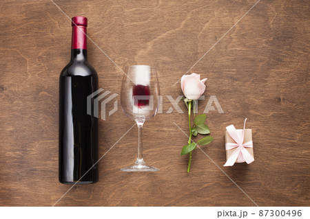 flat lay romantic arrangement with wine 87300496