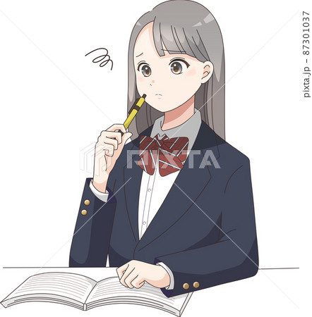 勉強でもやもやしている女子学生　ブレザーリボン 87301037