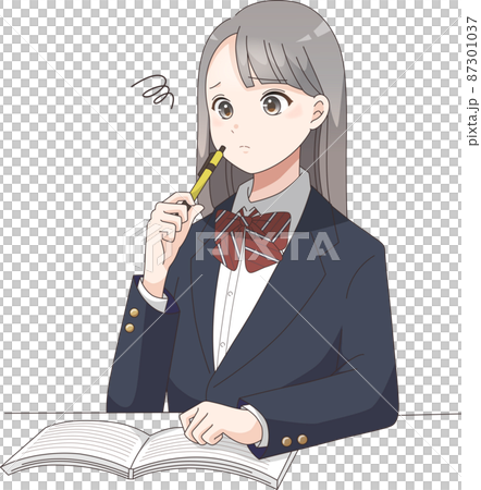 勉強でもやもやしている女子学生　ブレザーリボン 87301037