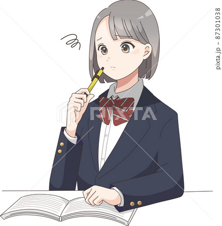 勉強でもやもやしている女子学生　ブレザーリボン 87301038