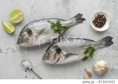 flat lay delicious seafood arrangement flat lay delicious seafood arrangement 87301042