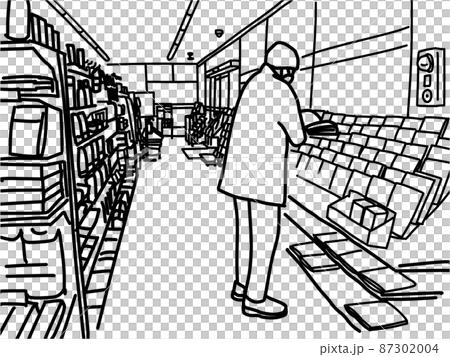 コンビニの店内で立ち読みする男性の線画イラストのイラスト素材 コンビニの店内で立ち読みする男性の線画イラストのイラスト素材