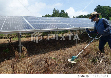 太陽光発電所の除草作業　草刈りをする男性　 87302084