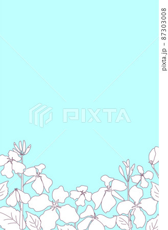 春の草花が咲いている風景 線画と水色背景のおしゃれなポストカード はがきサイズ縦型のイラスト素材