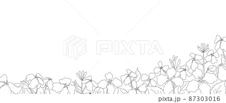 春の草花が咲いている白黒風景線画イラスト 横長のバナーデザインのイラスト素材