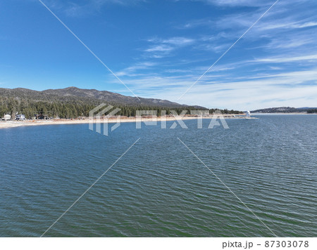 Aerial view of Big Bear Lake during winter season, San Bernardino National Forest, CA  87303078