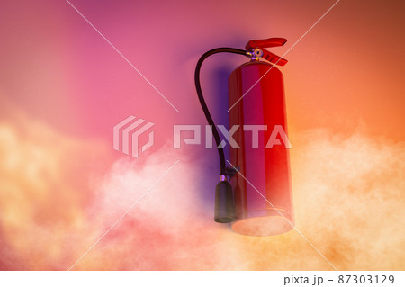 Fire extinguisher on wall with smoke 87303129