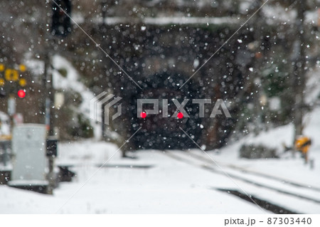 粉雪とトンネルに消えるローカル線の赤いテールランプ 粉雪とトンネルに消えるローカル線の赤いテールランプ 87303440