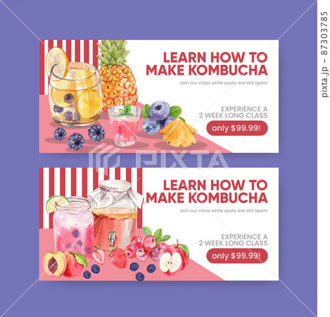 Voucher template with Kombucha drink concept,watercolor style Voucher template with Kombucha drink concept,watercolor style 87303785