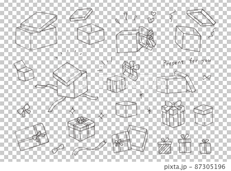 Hand-drawn illustrations of various present boxes (monochrome) 87305196