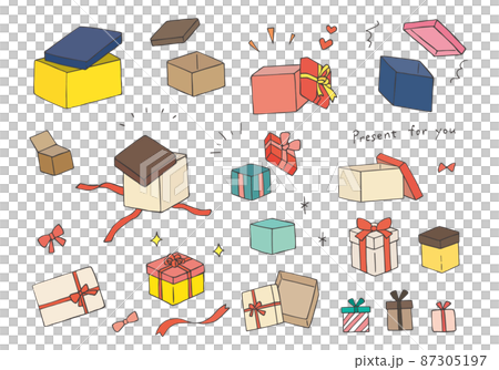 Hand-drawn illustrations (color) of various present boxes 87305197
