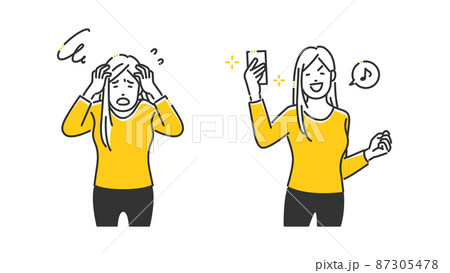 頭を抱える女性とアプリで解決した女性 87305478