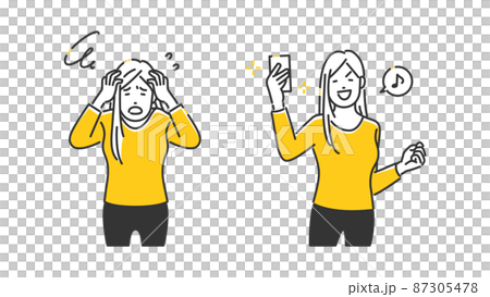 頭を抱える女性とアプリで解決した女性 87305478