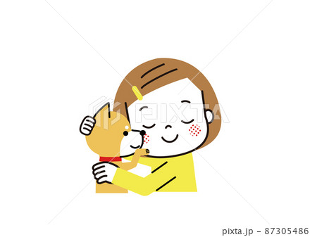 柴犬を抱っこして幸せそうに眼を閉じる女の子 87305486