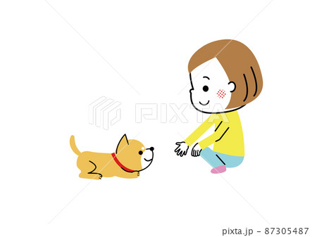 女の子とフセをしている柴犬 87305487