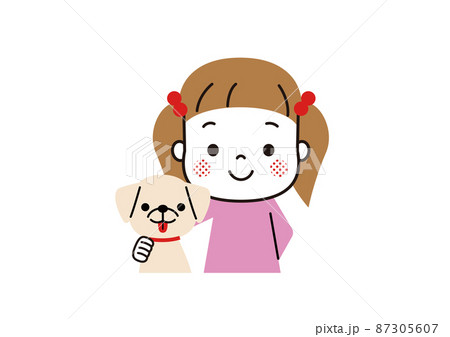 垂れ耳の犬と並んだ女の子のイラスト素材