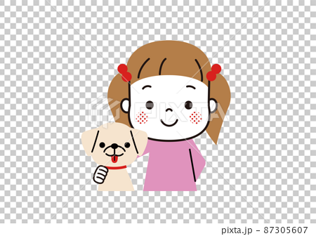 垂れ耳の犬と並んだ女の子のイラスト素材