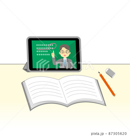 イラスト素材:タブレットでオンライン授業を先生から受ける良いイメージ/ポジティブ 87305620