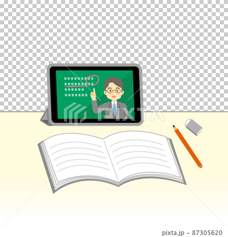イラスト素材:タブレットでオンライン授業を先生から受ける良いイメージ/ポジティブ 87305620
