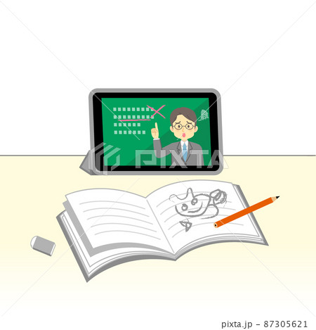イラスト素材:タブレットでオンライン授業を受けるが飽きて勉強についていけなくなるイメージ/ネガティブ イラスト素材:タブレットでオンライン授業を受けるが飽きて勉強についていけなくなるイメージ/ネガティブ 87305621