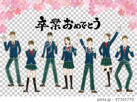 學生在製服、櫻花背景和畢業字符集的祝賀 87305770