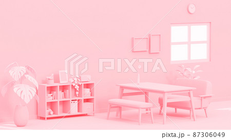 3Dイラストレーションで構成されたピンク色のリビングルームのイメージ。 87306049