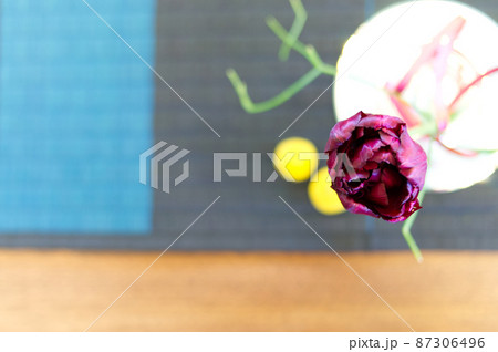 紫の花と青い茣蓙 87306496