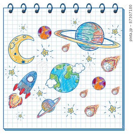 A notebook with a doodle sketch design with colour at the cover page A notebook with a doodle sketch design with colour at the cover page 87307180