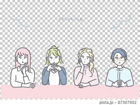 一個年輕女子一邊思考一邊交換意見的形象插圖 87307802