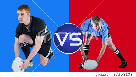 Caucasian and african american young male rugby players with rugby ball against dual tone background Caucasian and african american young male rugby players with rugby ball against dual tone background 87308108