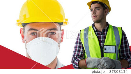 Double exposure of male caucasian workers wearing hardhats and protective mask 87308134