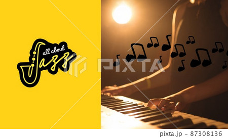 All about jazz symbol text by musical notes on female musician playing piano 87308136