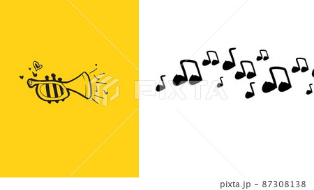 Trumpet with heart shape and musical notes on two tone background with copy space 87308138