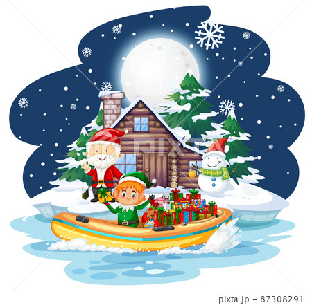 Snowy night with elves delivering gifts by boat 87308291