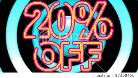 Image of moving circles and 20 percent off on black background 87308456