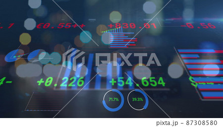 Image of statistics and numbers processing over out of focus cityscape Image of statistics and numbers processing over out of focus cityscape 87308580