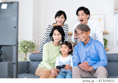 テレビゲームを楽しむ三世代家族 87309831
