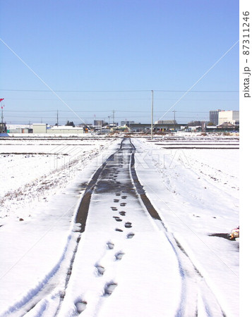 早春の雪の降った翌朝の足跡とタイヤ跡のある農道風景 87311246
