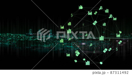 Image of light spot and business icons over cityscape Image of light spot and business icons over cityscape 87311492