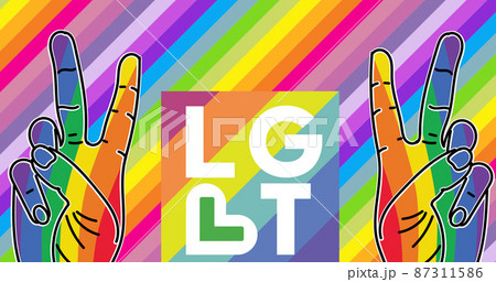 Digital image of lgbt text and two rainbow colored hand peace signs against rainbow background 87311586