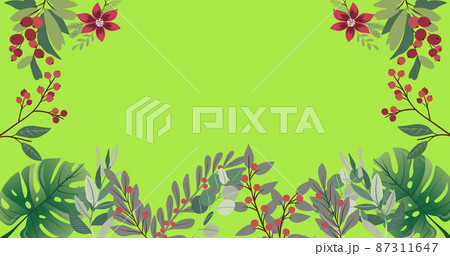 Image of foliage, berries and flowers framing copy space on light green background Image of foliage, berries and flowers framing copy space on light green background 87311647