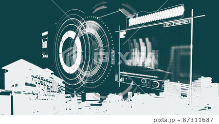 Image of financial data processing and scope scanning over cityscape 87311687