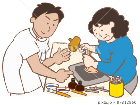 精神科作業療法　皮細工のプラグラムに参加する統合失調症の女性と作業療法士のイラスト 87312960