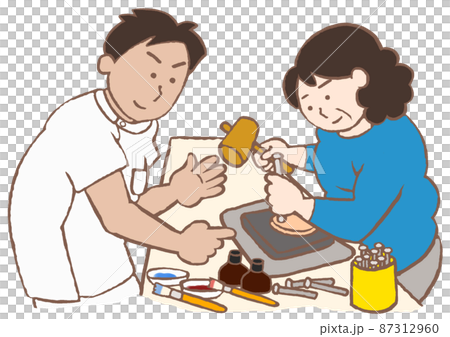 精神科作業療法　皮細工のプラグラムに参加する統合失調症の女性と作業療法士のイラスト 87312960