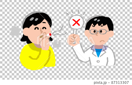 一個女人抽煙,一個男醫生戴上醫生停止(手繪顏色) 一個女人抽煙,一個男醫生戴上醫生停止(手繪顏色) 87313307